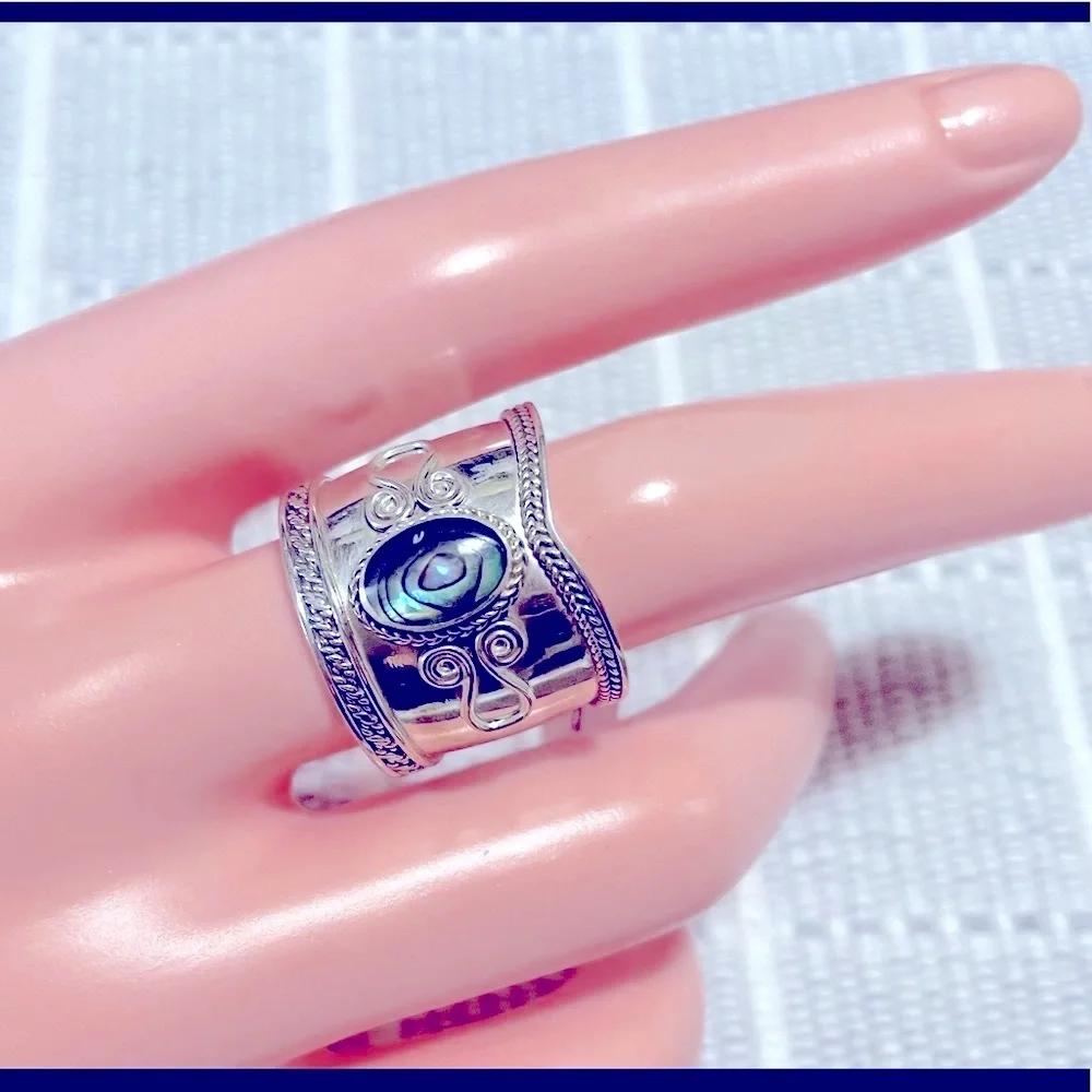New Gorgeous 925 Silver Abalone Bali-Style Filigree Ring